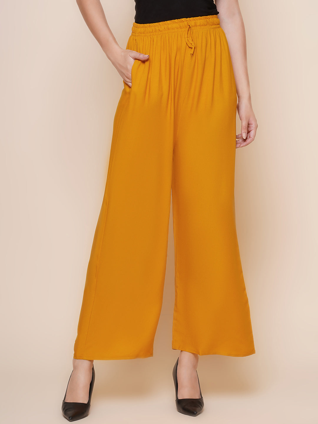 Wide-Leg Palazzo Trousers – Mustard Yellow