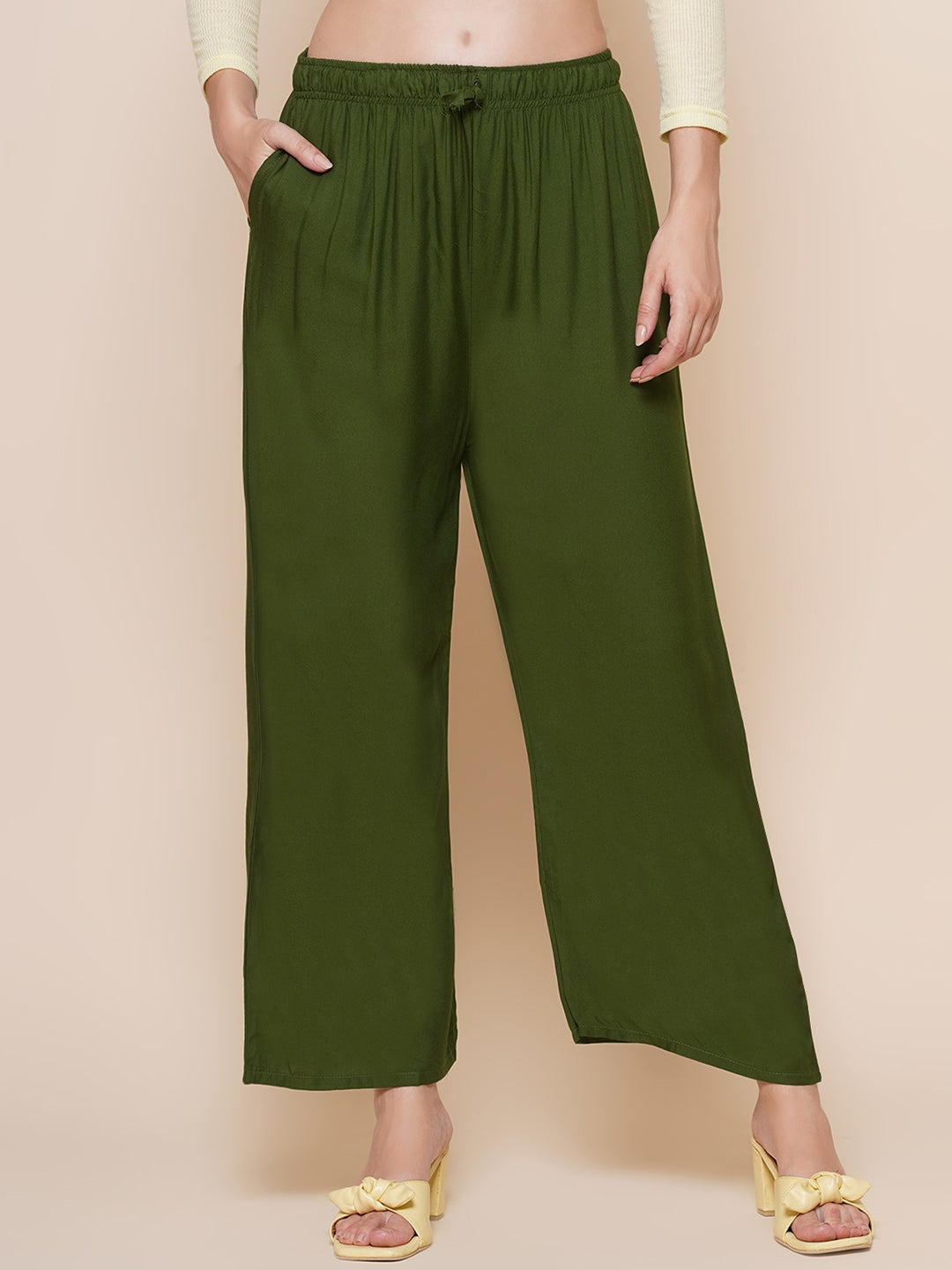 Wide-Leg Palazzo Trousers – Dark Green