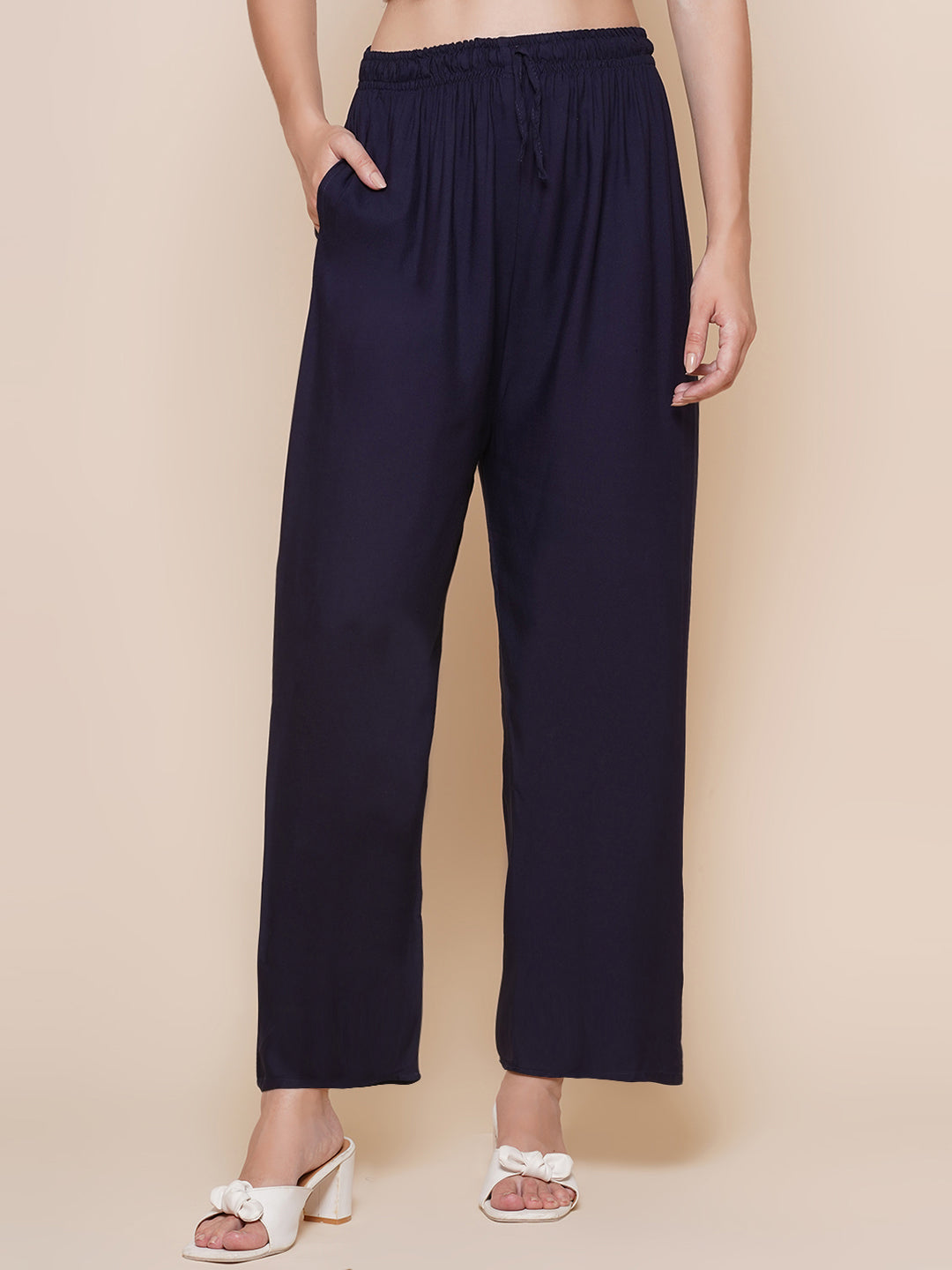 Wide-Leg Palazzo Trousers – Dark Blue