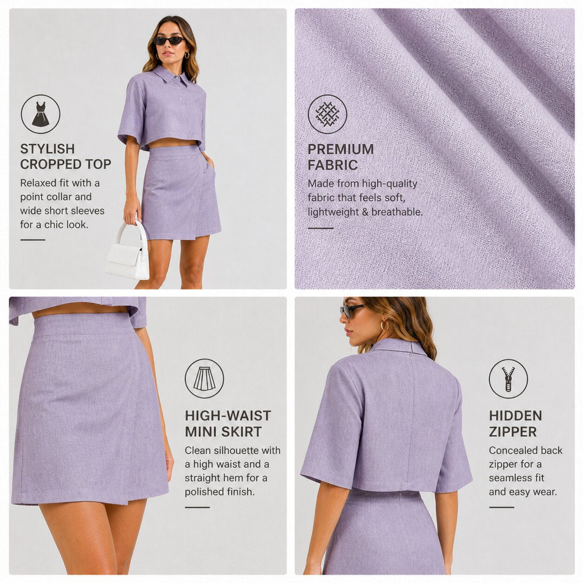Crop Top and Skirt Co-ord Set – Lilac