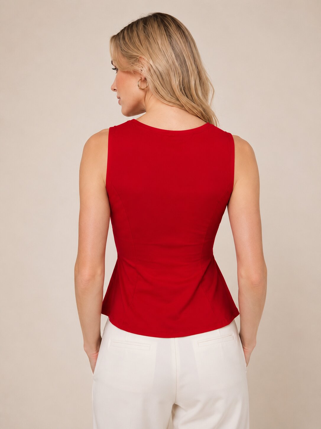 Sleeveless Flared Peplum Top – Red