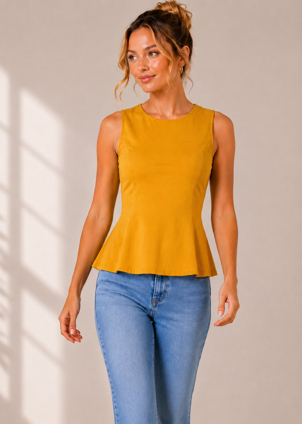 Sleeveless Flared Peplum Top – Mustard