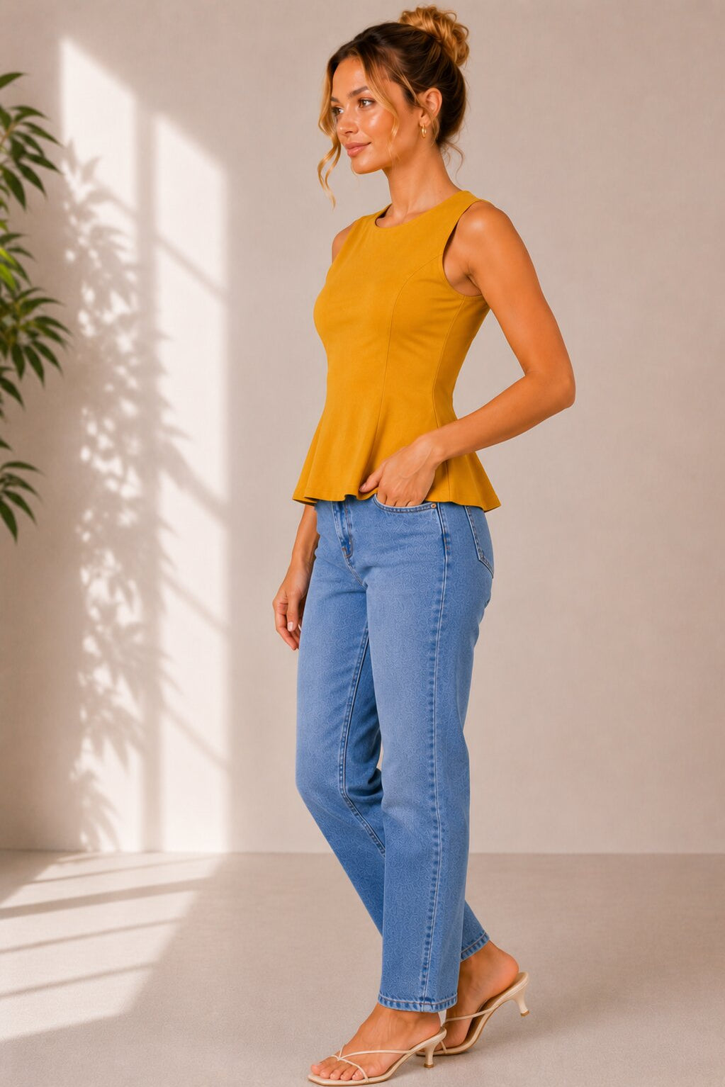 Sleeveless Flared Peplum Top – Mustard