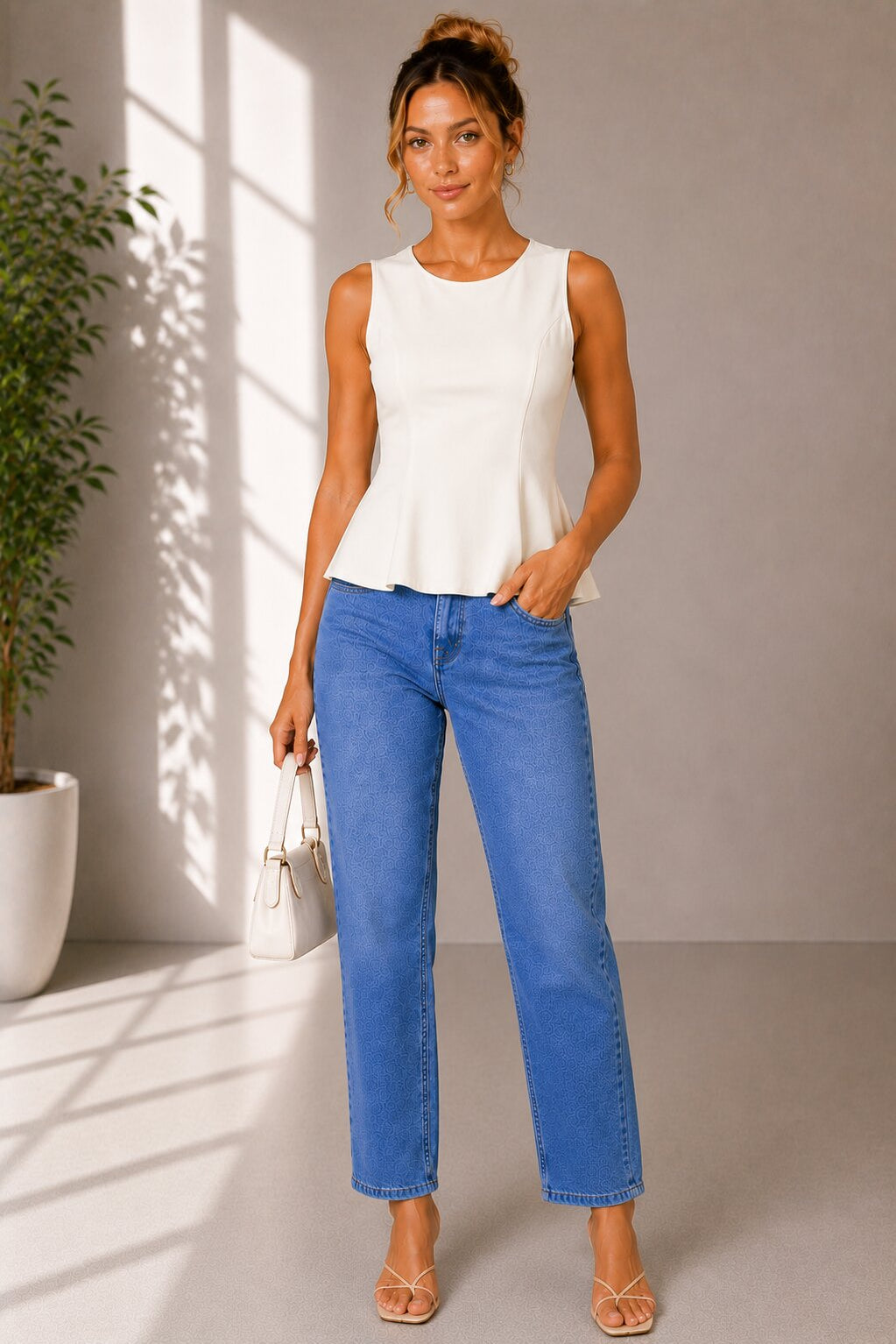Sleeveless Flared Peplum Top – White