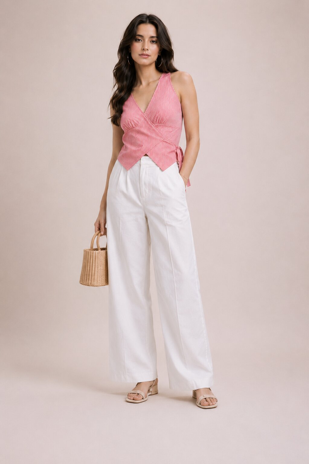 Striped Asymmetric Hem Tie-Up Wrap Top – Pink