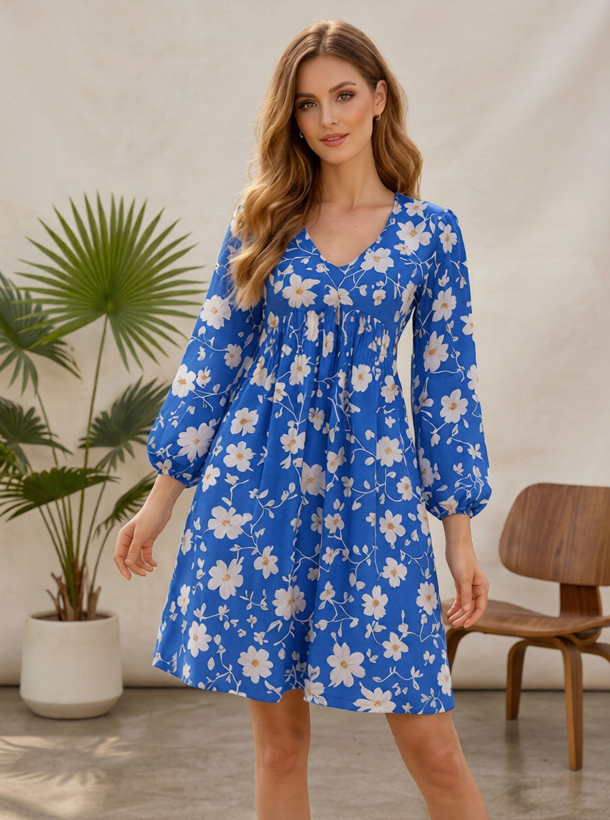 Floral Puff-Sleeve Mini Dress – Blue