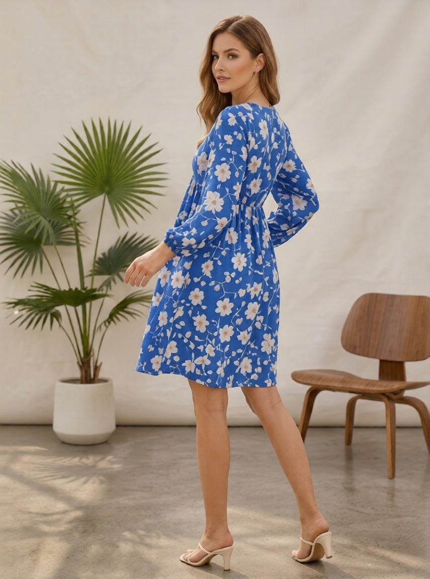 Floral Puff-Sleeve Mini Dress – Blue
