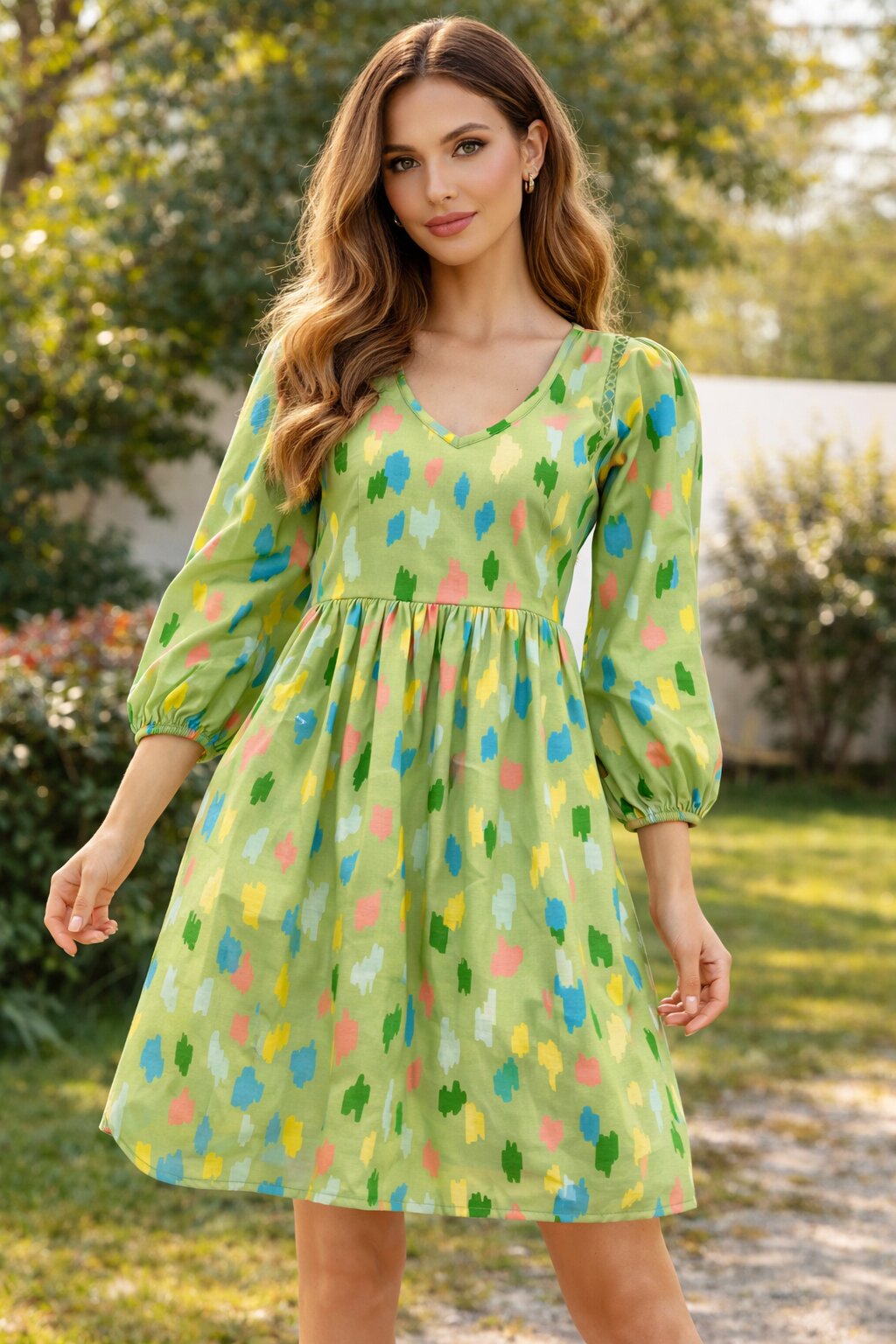 Polka Dot Puff-Sleeve Dress – Green