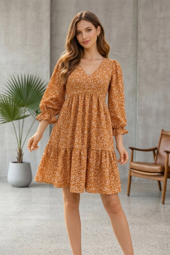 Printed Tiered Midi Dress – Default