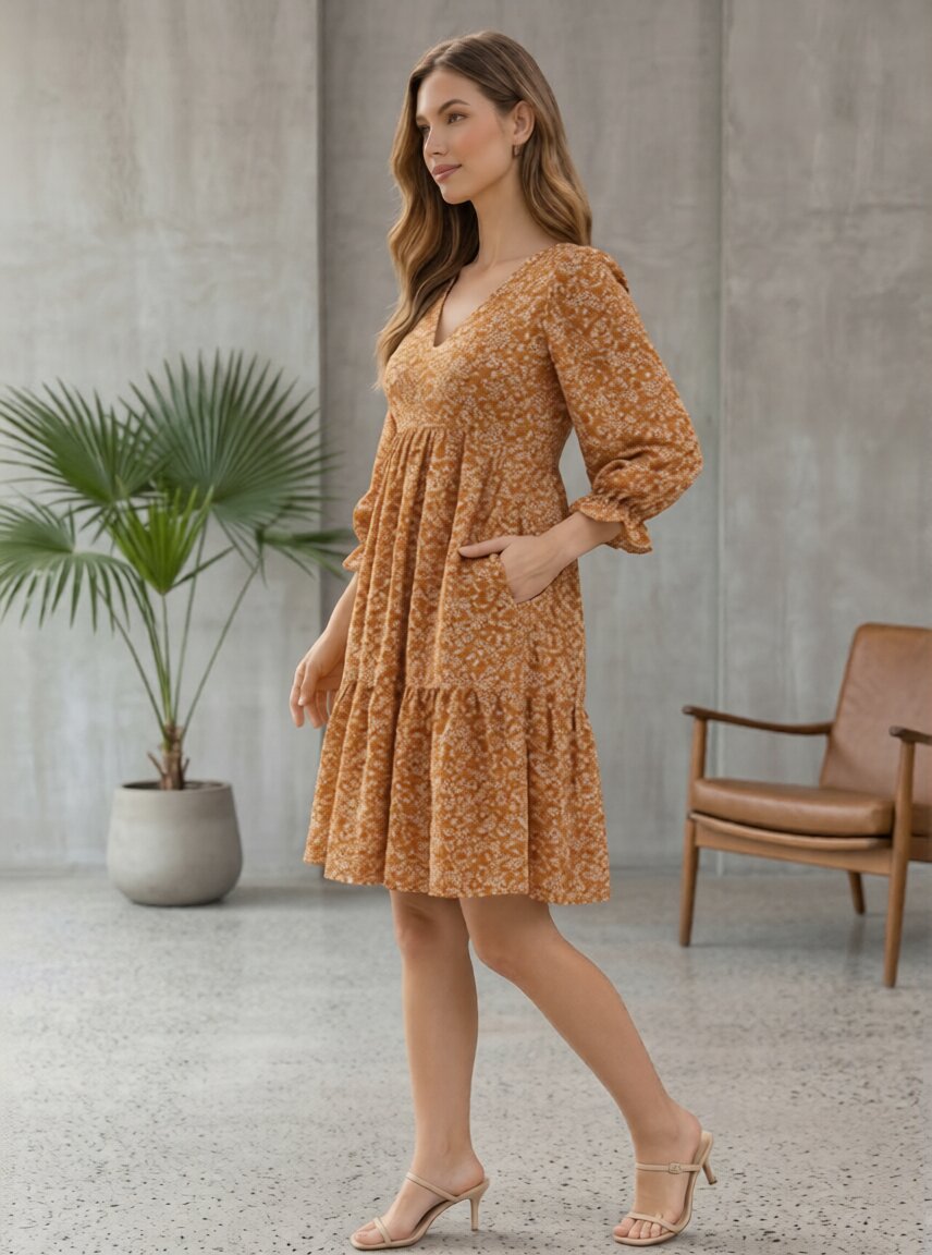 Printed Tiered Midi Dress – Default