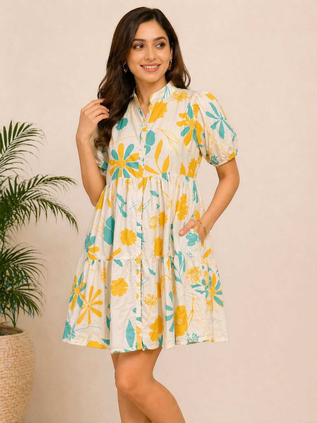 Floral Tiered Mini Dress – White
