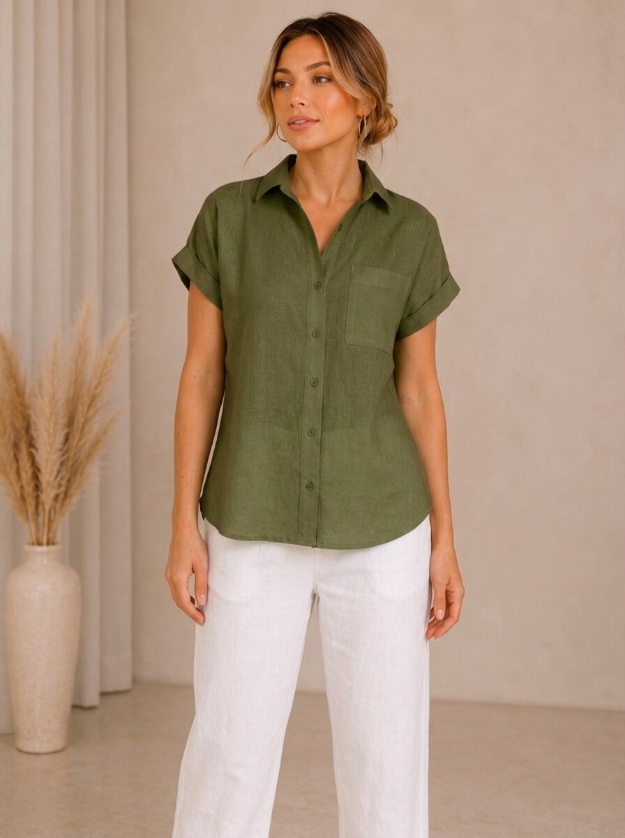 Short-Sleeve Linen Shirt – Green