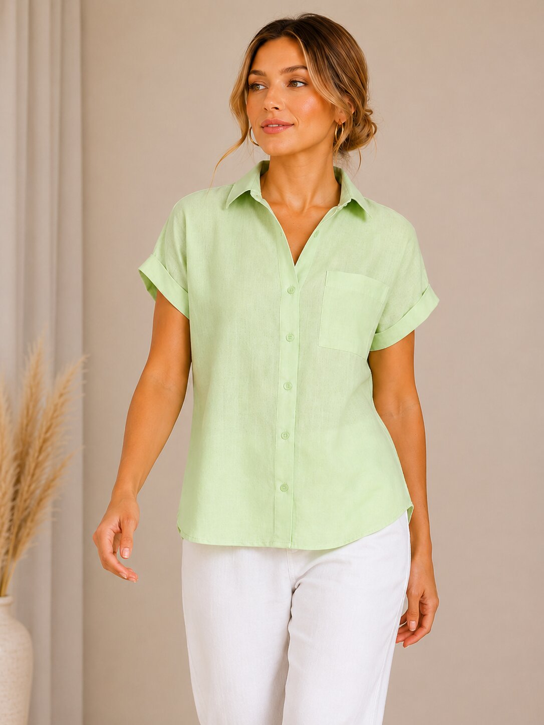 Short-Sleeve Linen Shirt – Mint Green