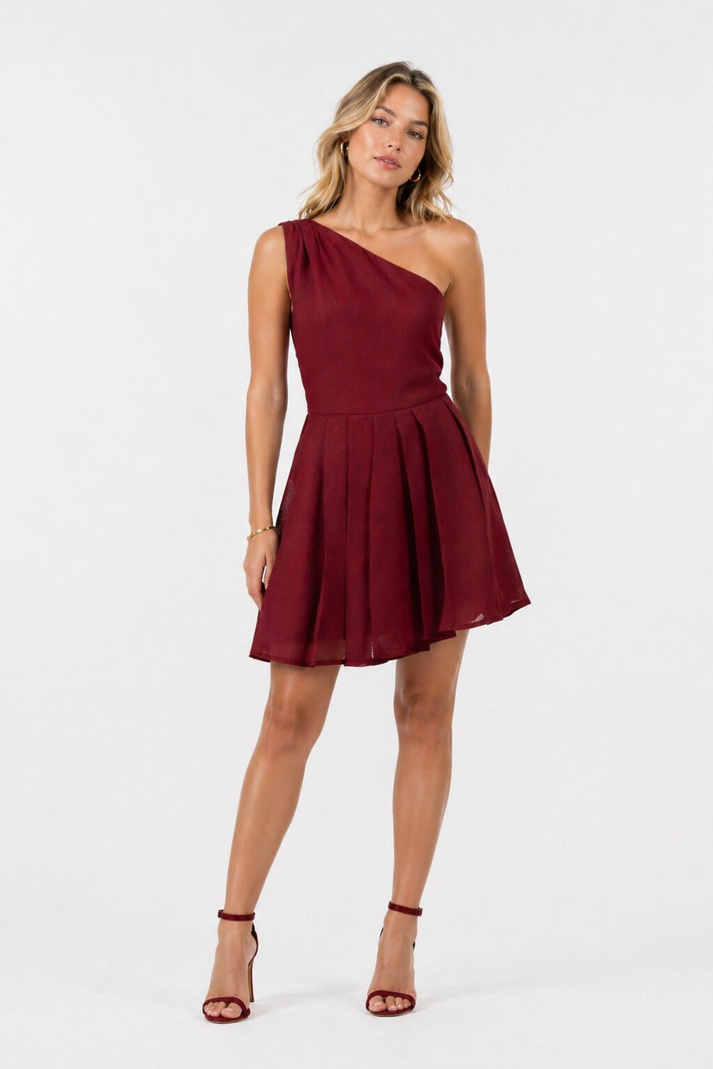 One-Shoulder Fit and Flare Dress – Maroon