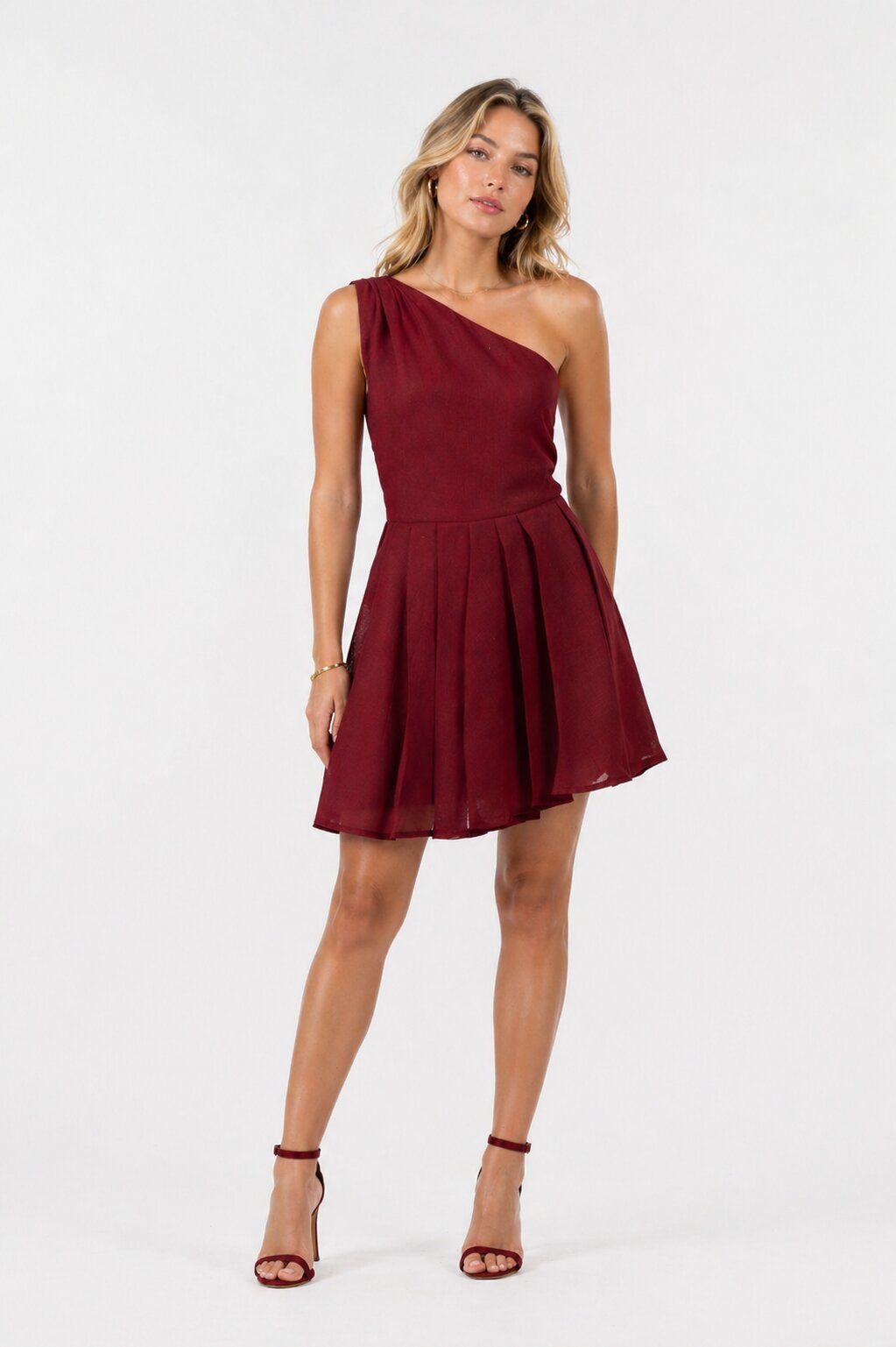 One-Shoulder Fit and Flare Dress – Maroon