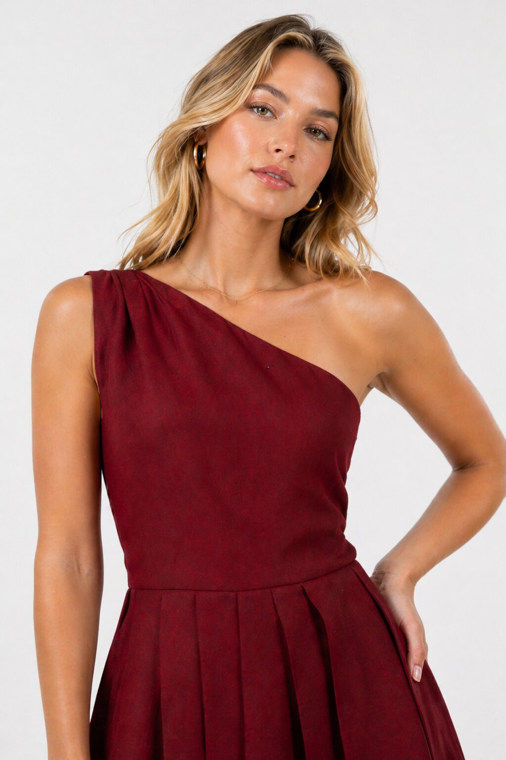 One-Shoulder Fit and Flare Dress – Maroon