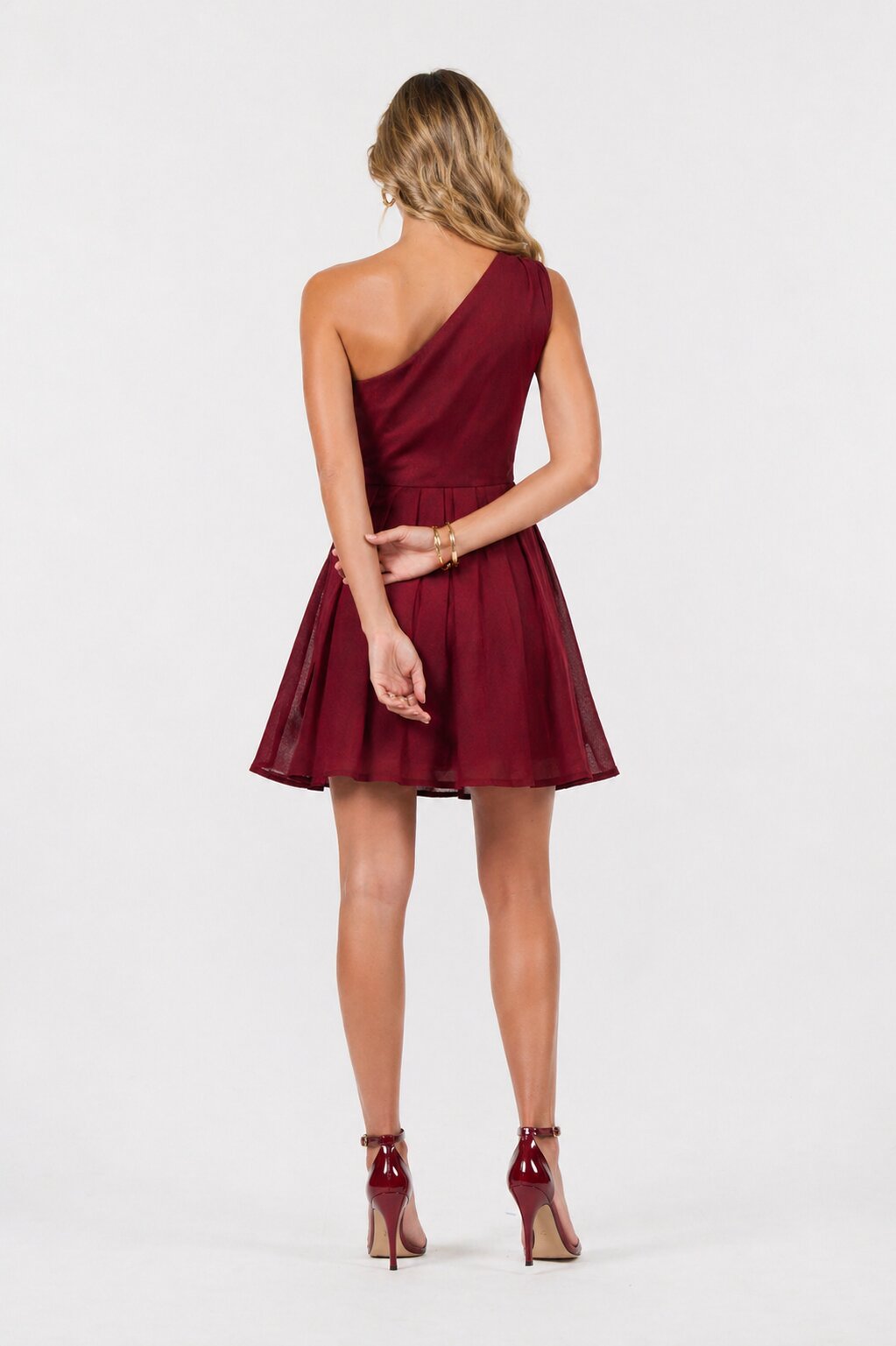 One-Shoulder Fit and Flare Dress – Maroon