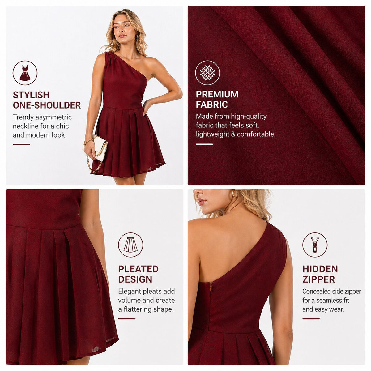 One-Shoulder Fit and Flare Dress – Maroon