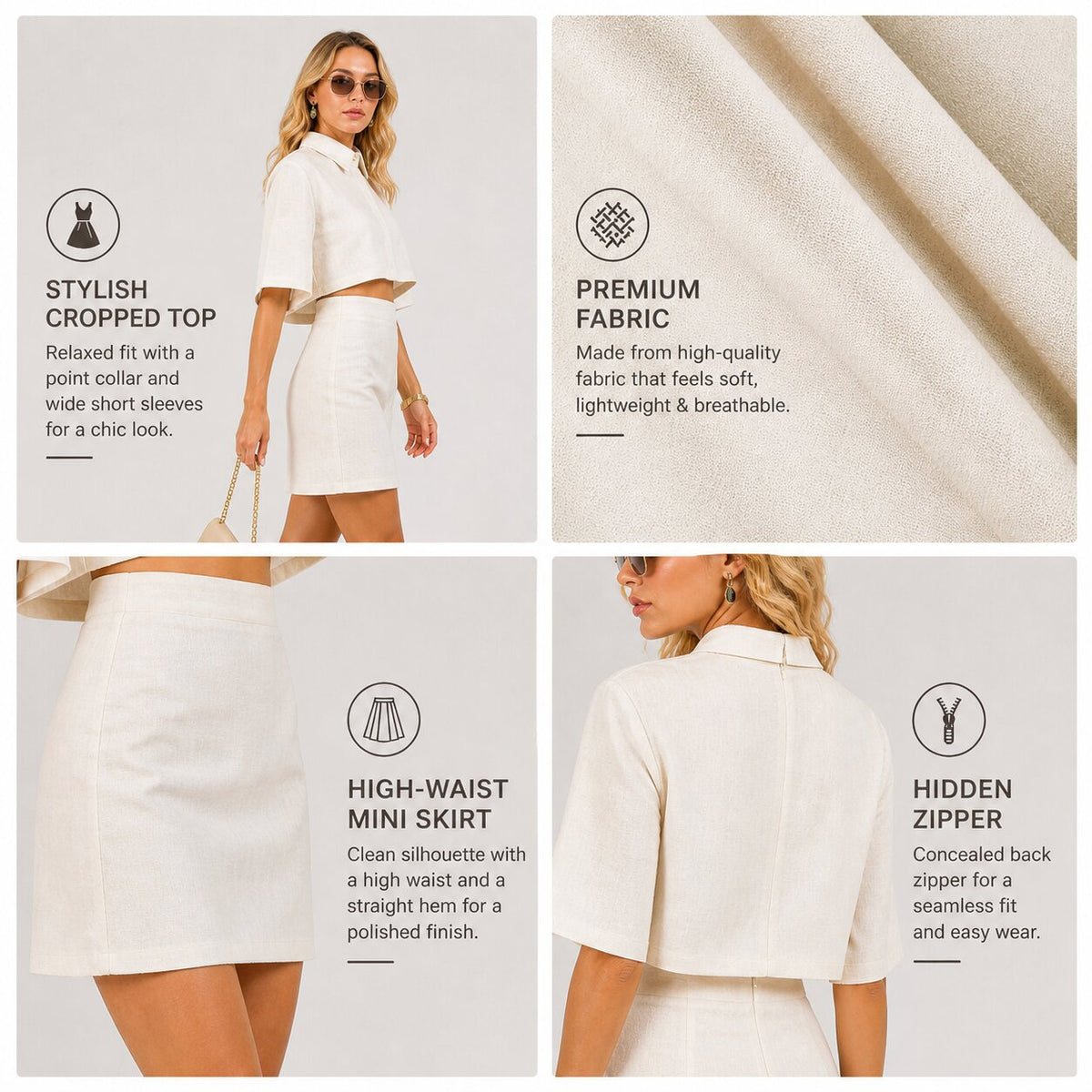 Crop Top and Skirt Co-ord Set – Cream