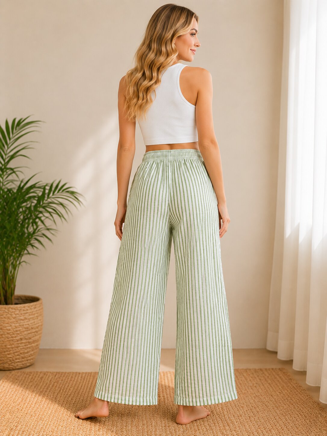 Striped Wide-Leg Trousers – Green