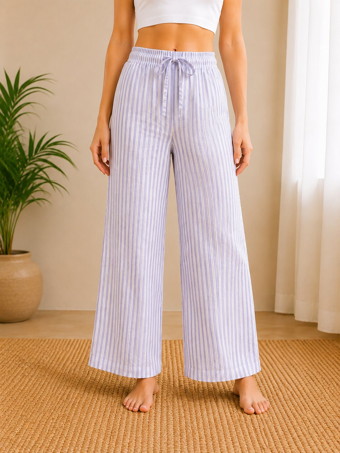 Striped Wide-Leg Trousers – Light Blue