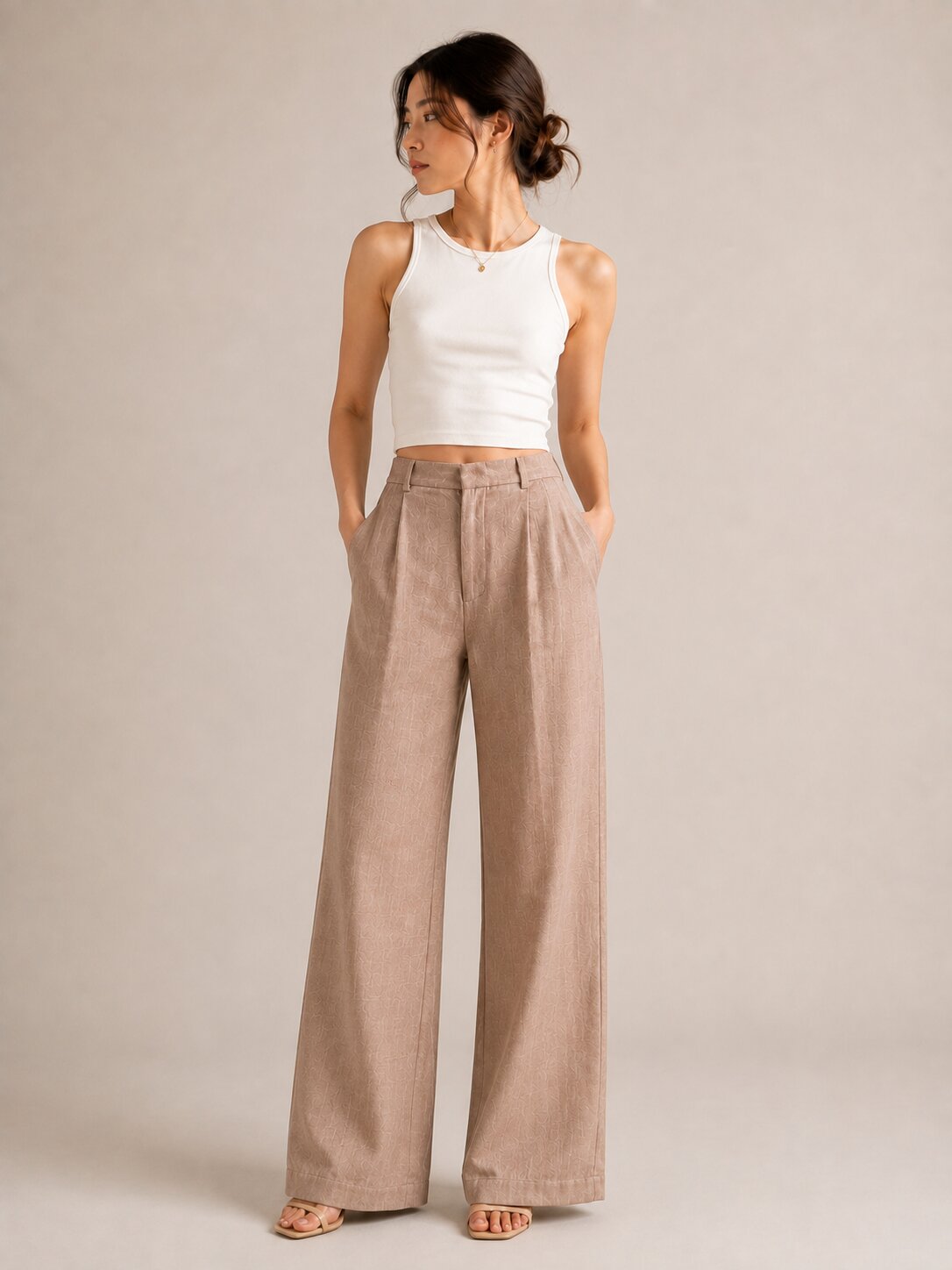 Pleated Wide-Leg Trousers – Khaki