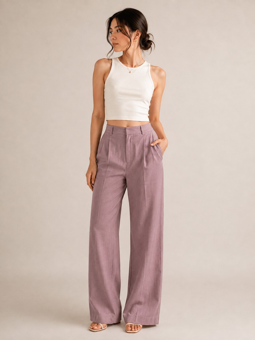 Pleated Wide-Leg Trousers – Purple