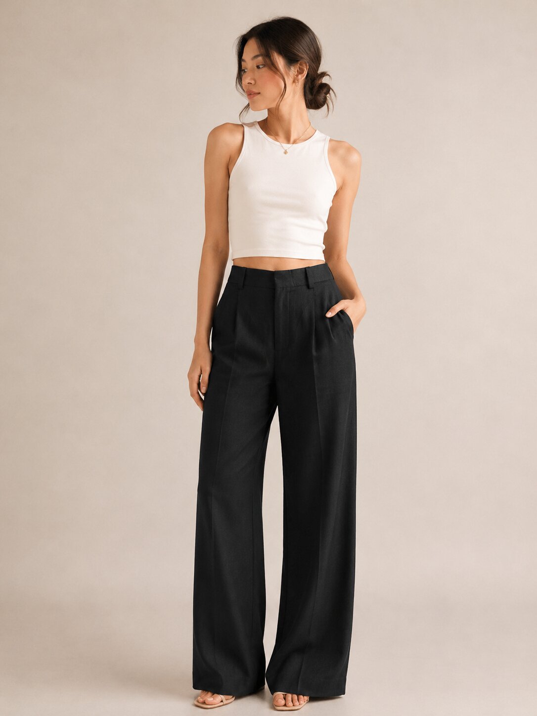 Pleated Wide-Leg Trousers – Black