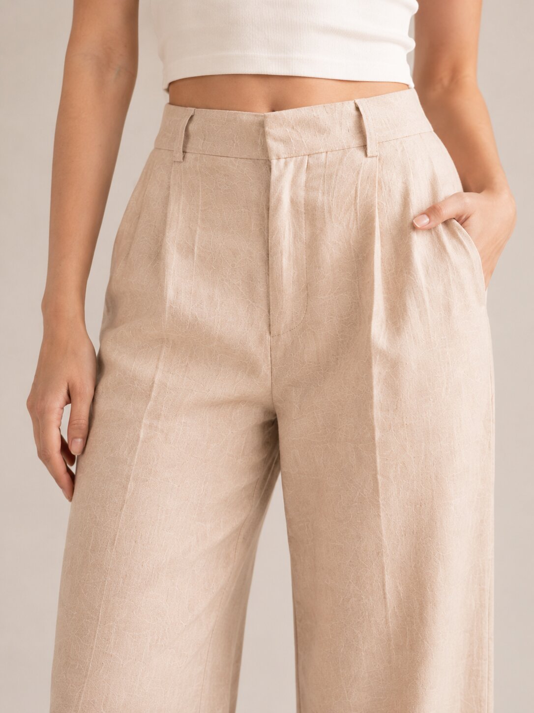 Pleated Wide-Leg Trousers – Beige