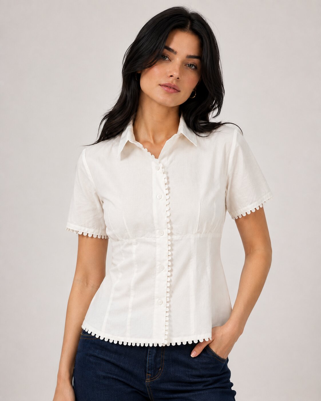 Scalloped Trim Shirt – White