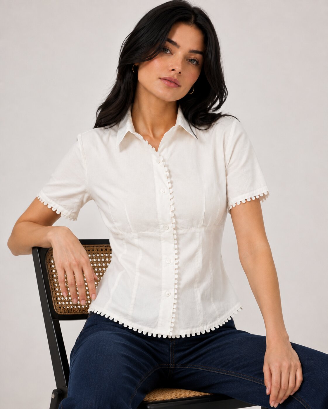 Scalloped Trim Shirt – White