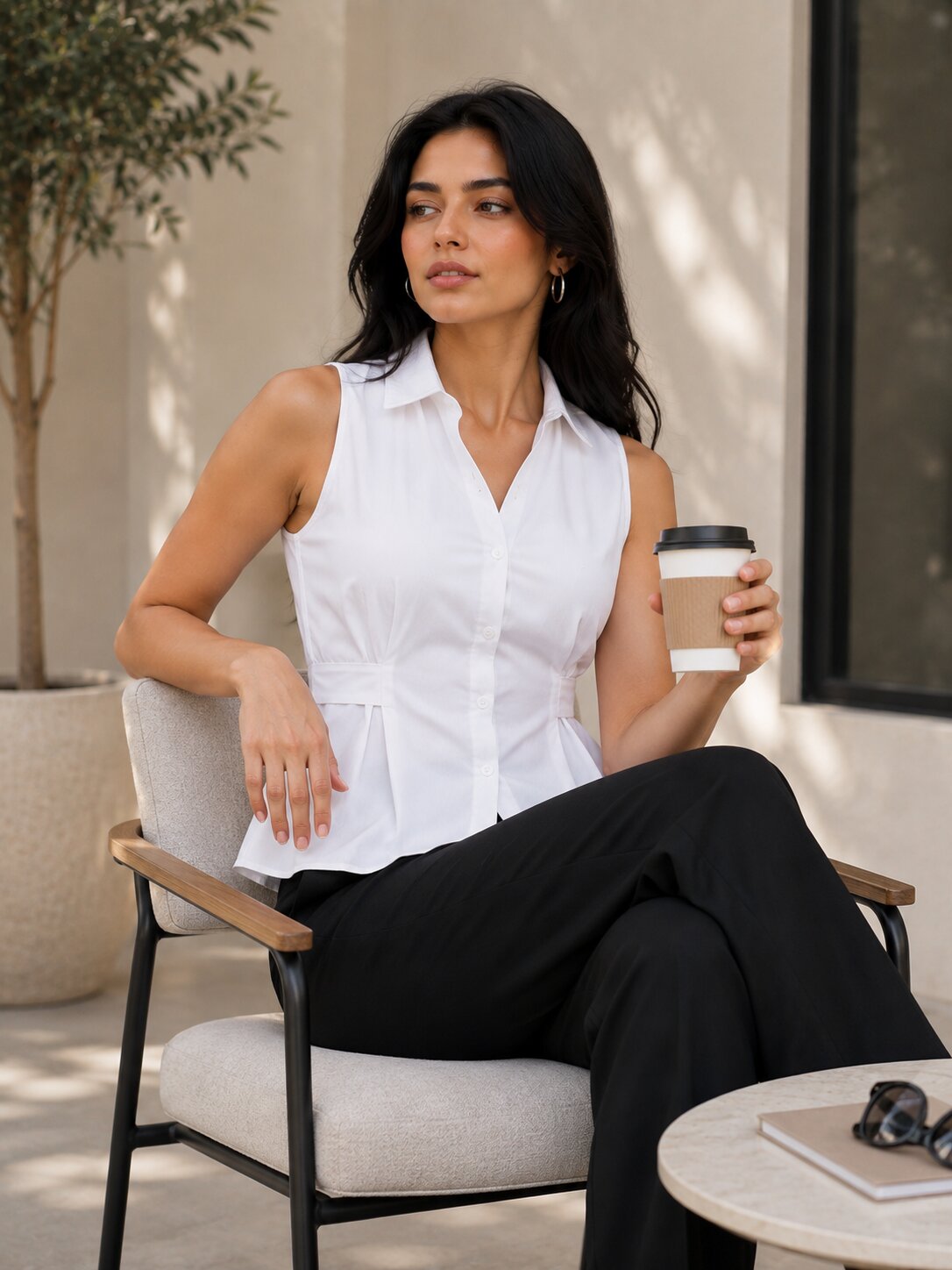 Sleeveless Collared Shirt Top – White
