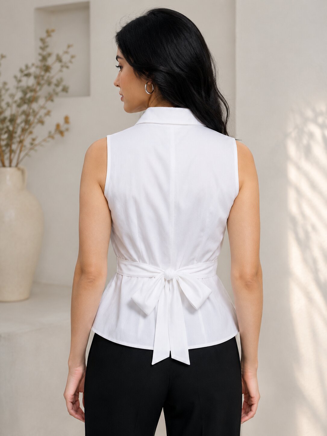 Sleeveless Collared Shirt Top – White