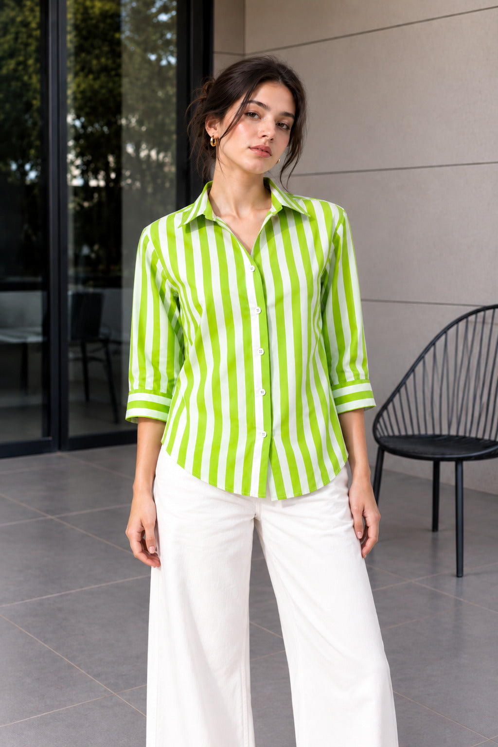 Striped Cotton Shirt – Lime Green & White