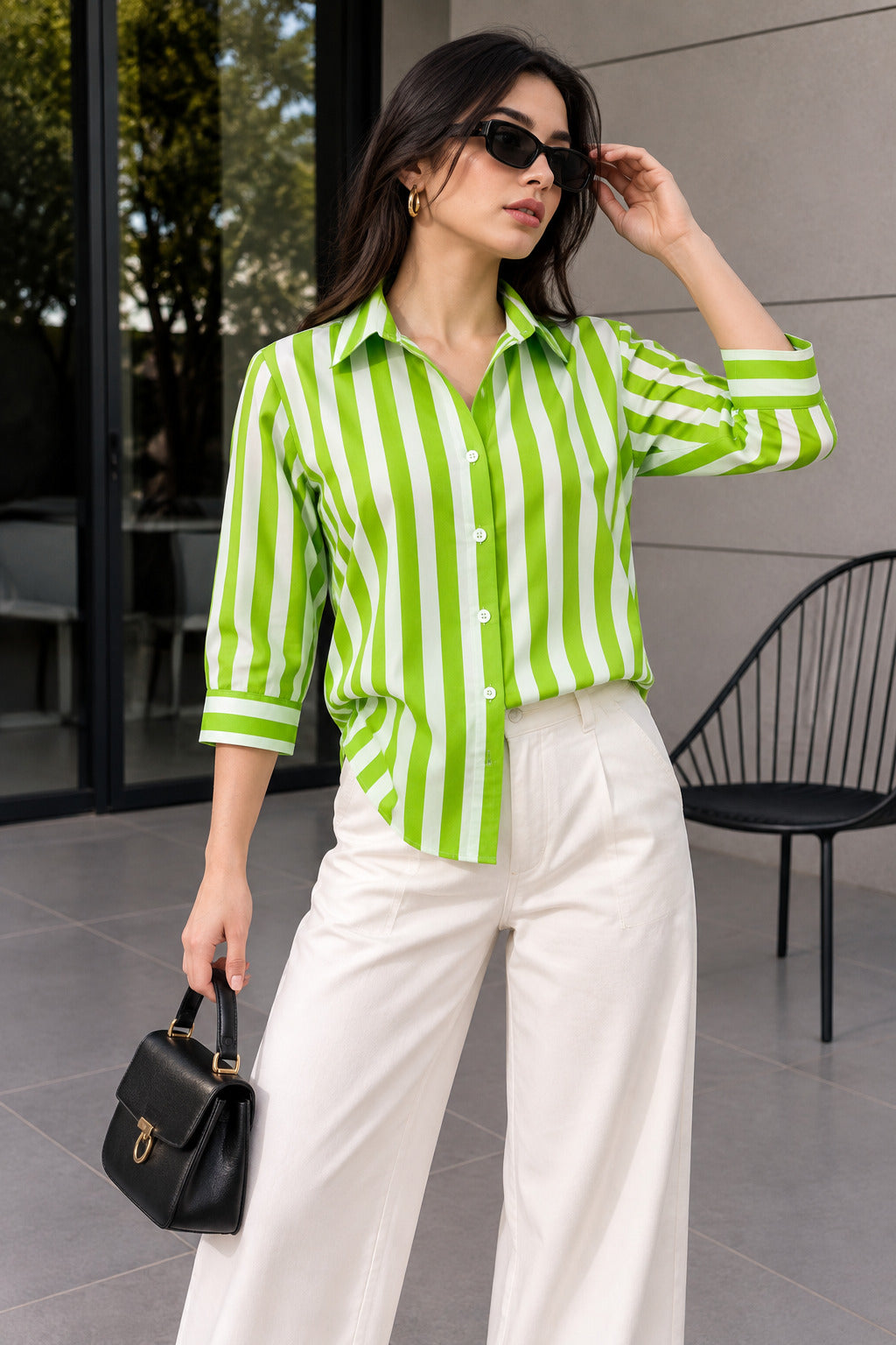 Striped Cotton Shirt – Lime Green & White