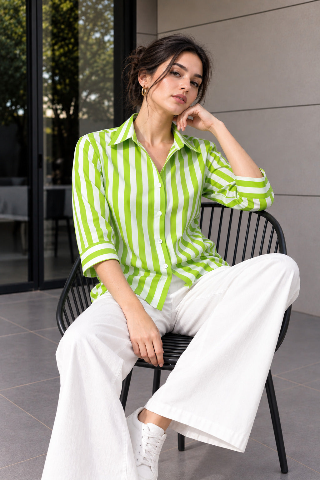 Striped Cotton Shirt – Lime Green & White