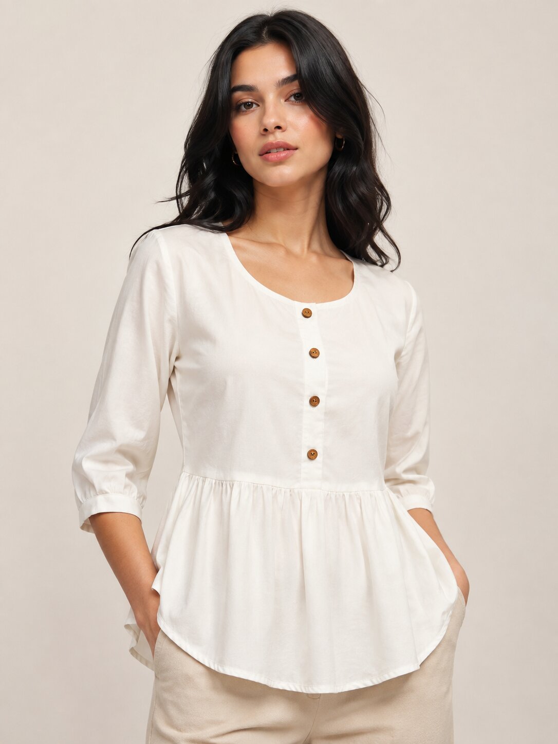 Button-Down Peplum Top – White