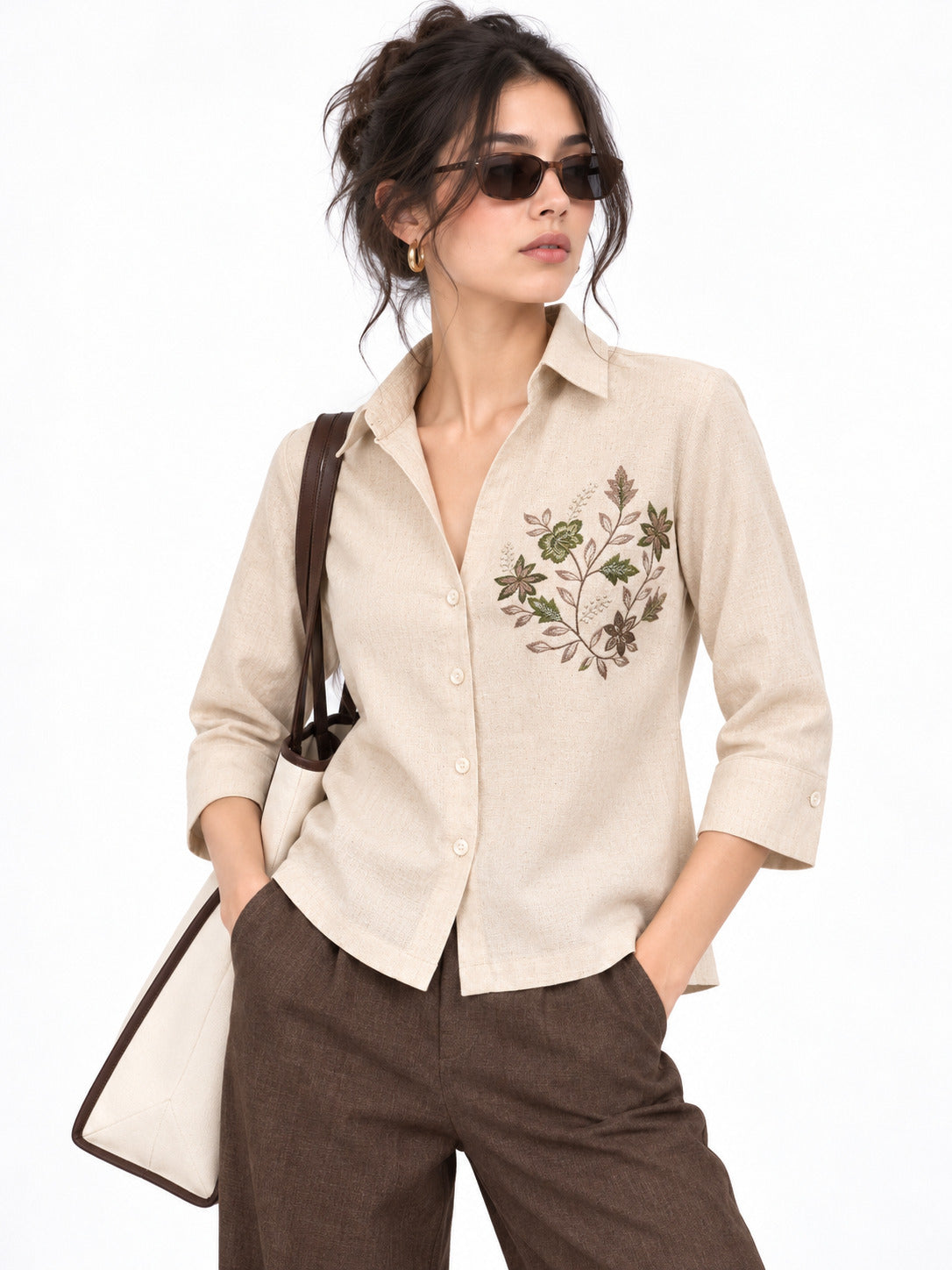 Embroidered Cotton Shirt – Khaki