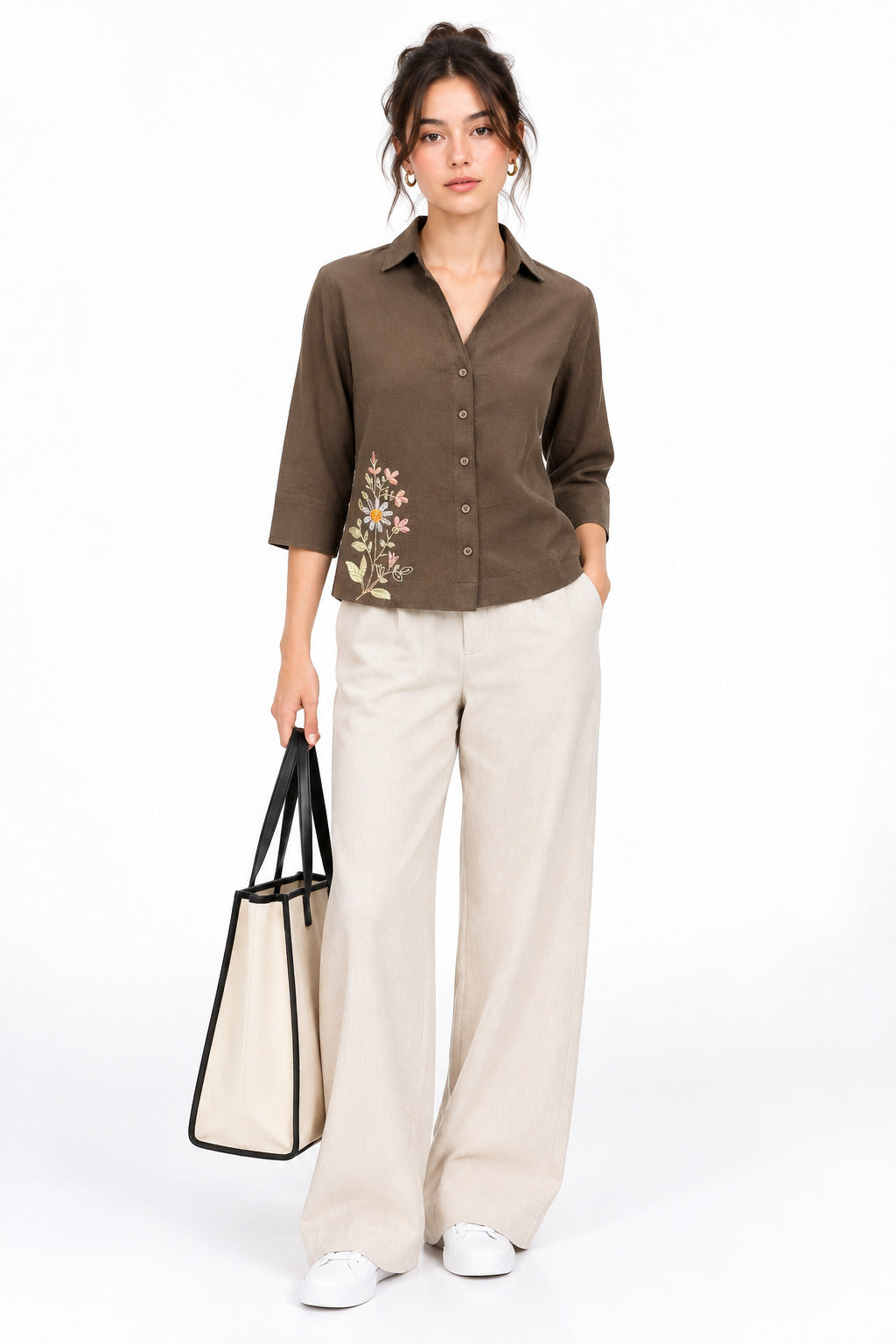 Embroidered Cotton Shirt – Brown