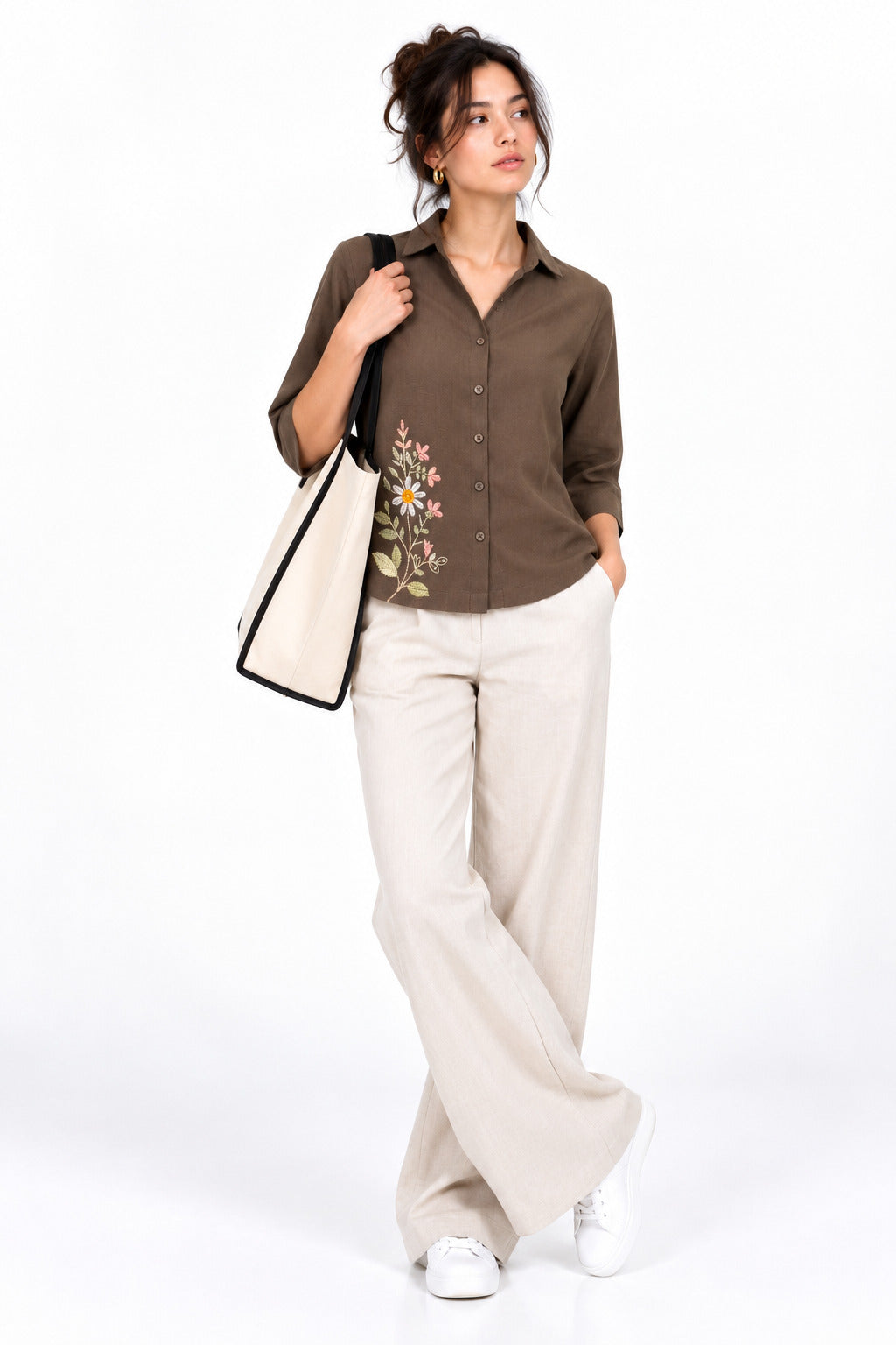 Embroidered Cotton Shirt – Brown