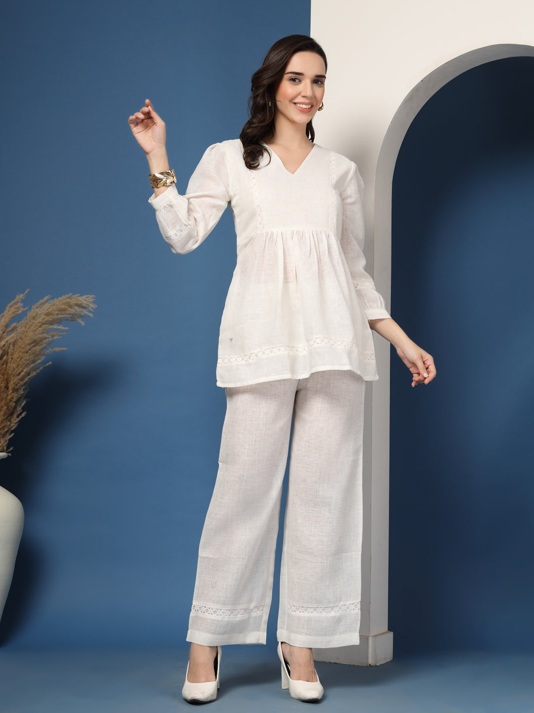 Lace Trim Top and Wide-Leg Trouser Co-ord Set – White