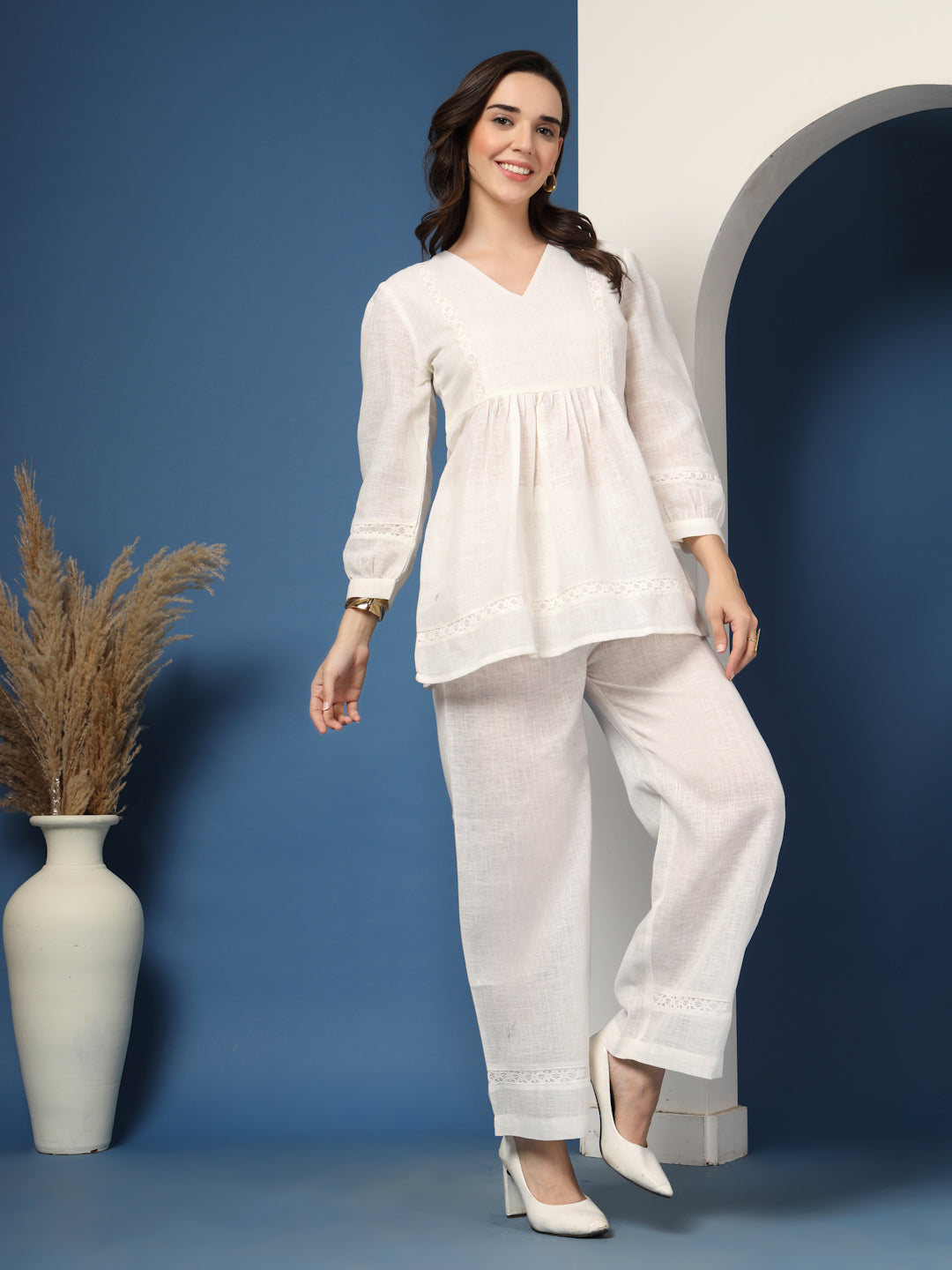 Lace Trim Top and Wide-Leg Trouser Co-ord Set – White