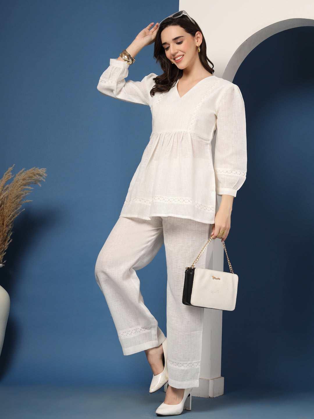Lace Trim Top and Wide-Leg Trouser Co-ord Set – White
