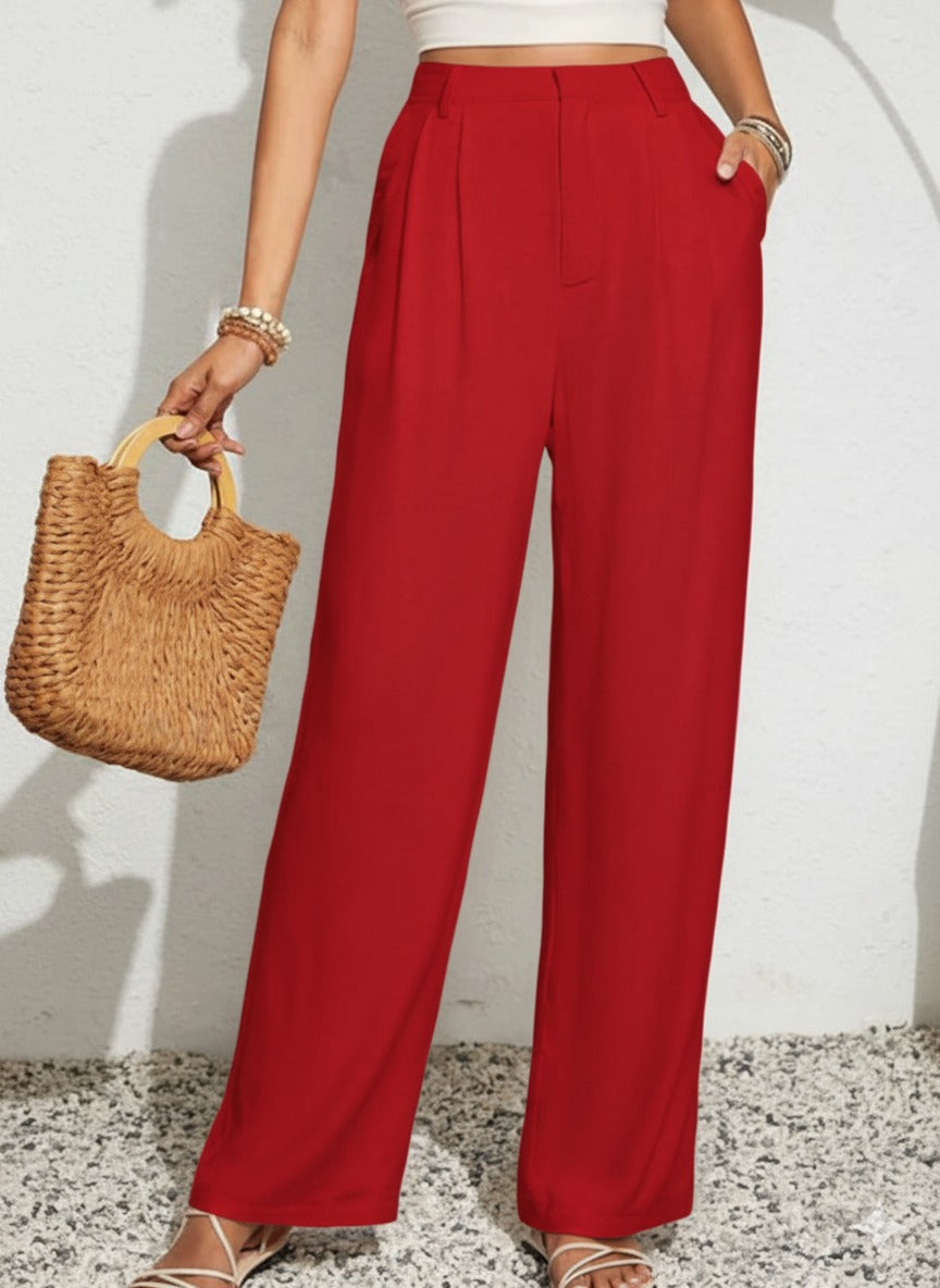 Pleated Wide-Leg Trousers – Red