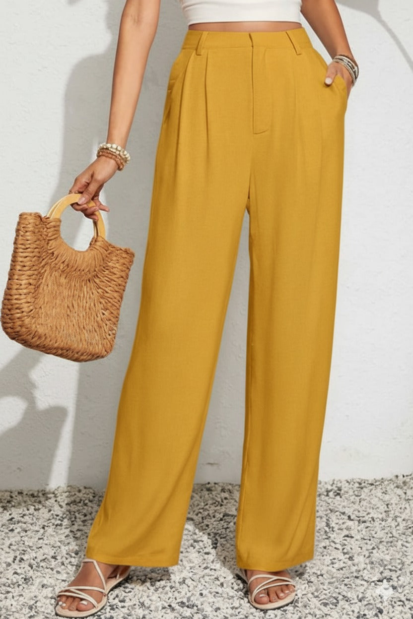 Pleated Wide-Leg Trousers – Mustard