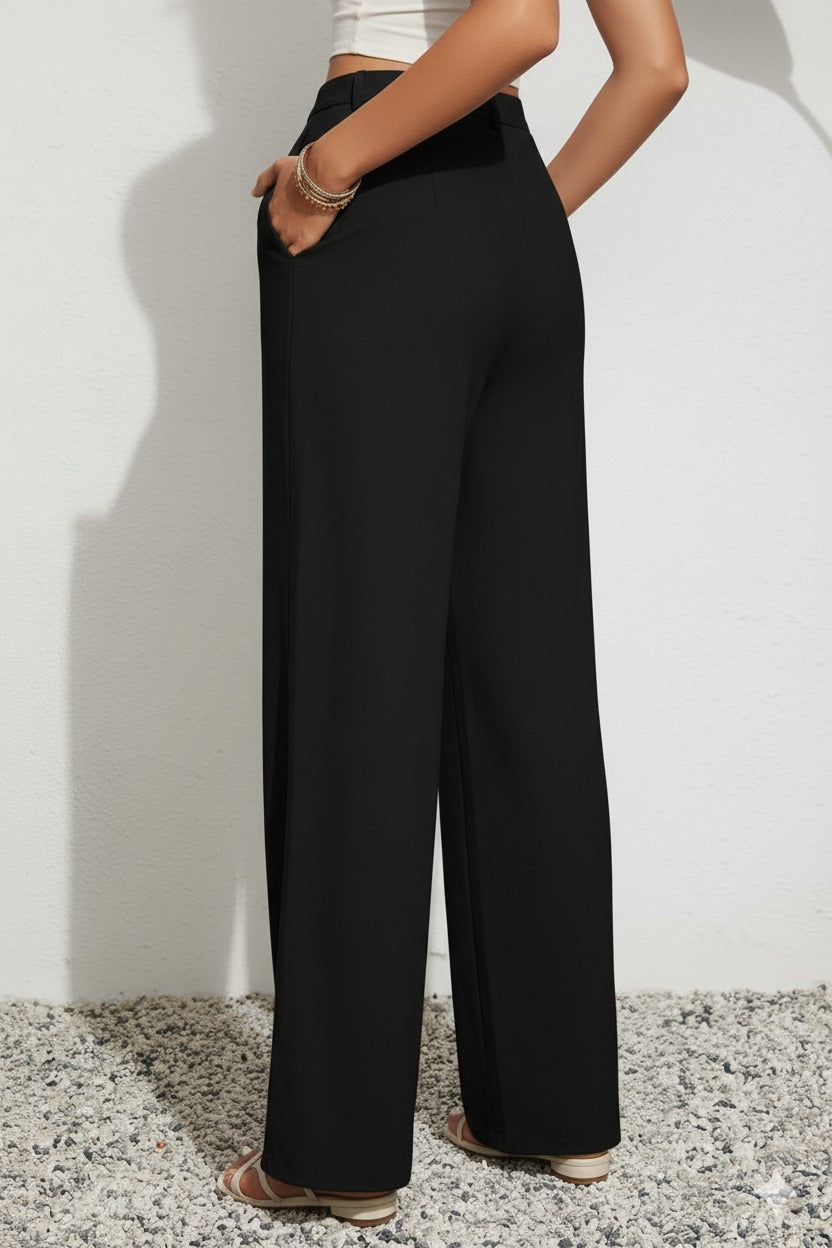 Pleated Wide-Leg Trousers – Black