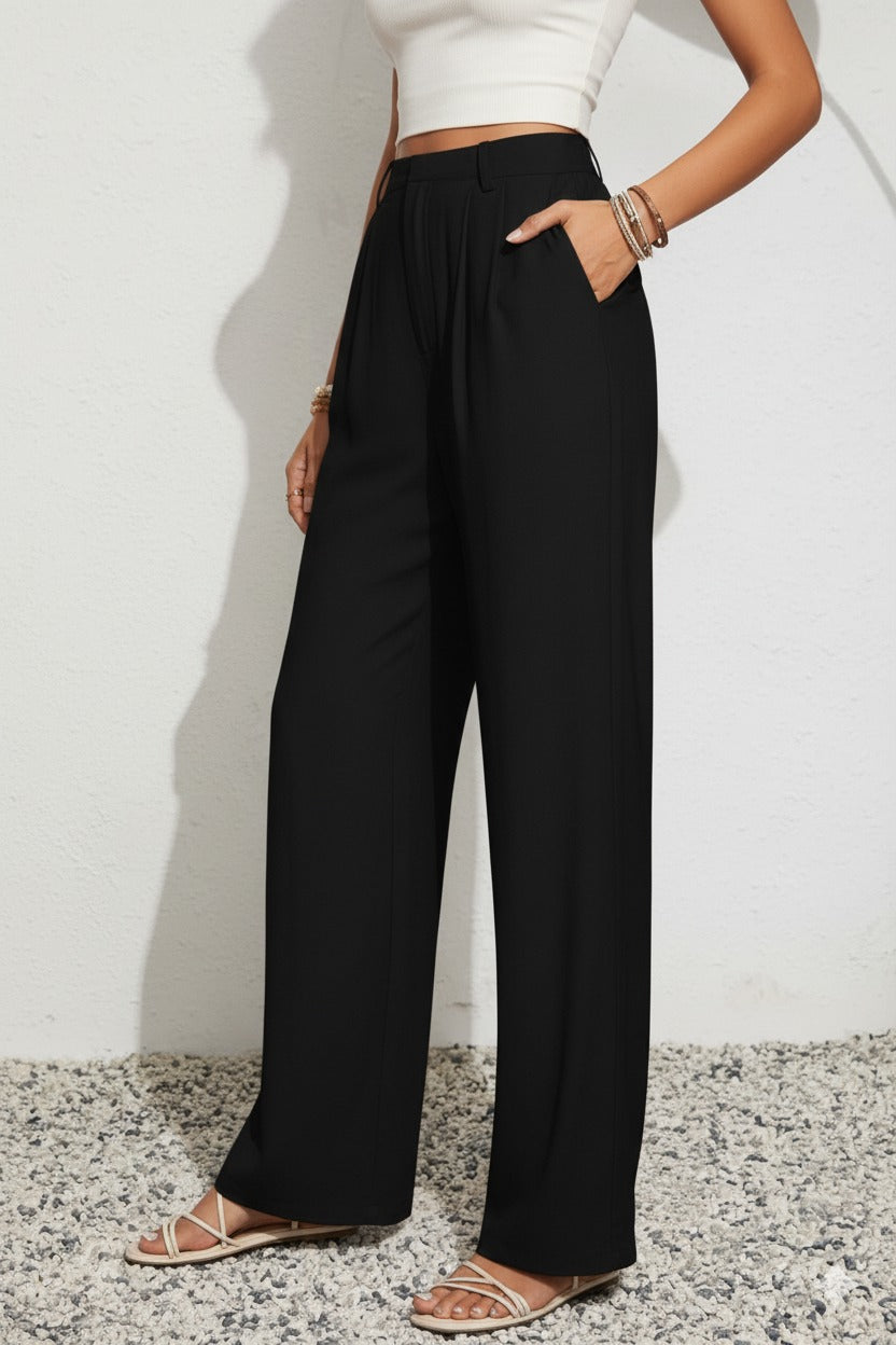 Pleated Wide-Leg Trousers – Black